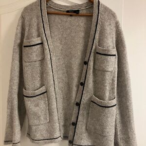 Theory Light Gray Knit Cardigan with Contrast Trim